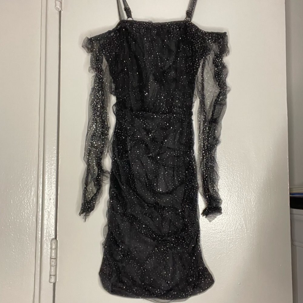 Sparkly black off the shoulder ruched dress